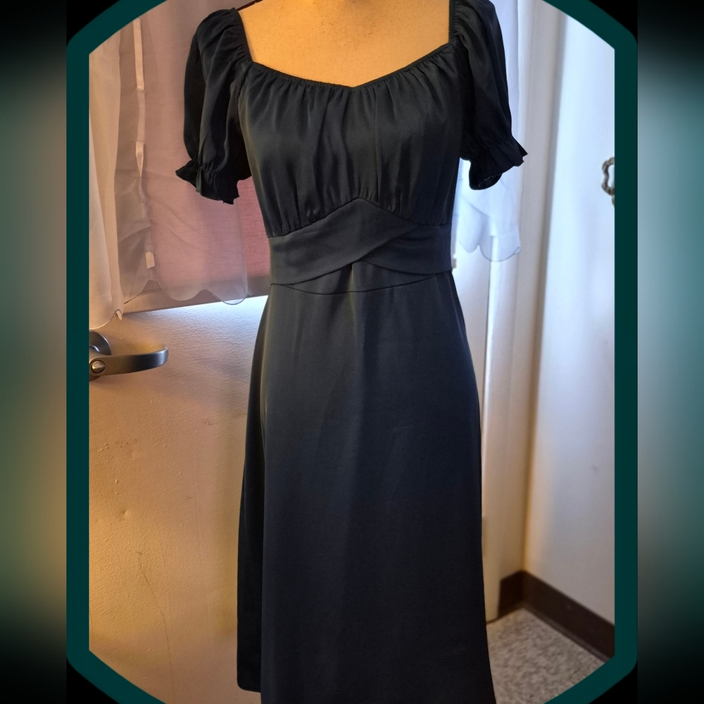 Kirundo Dark Teal Midi w/Sweetheart Neckline Wrap around Waistband/ Puff Sleeves